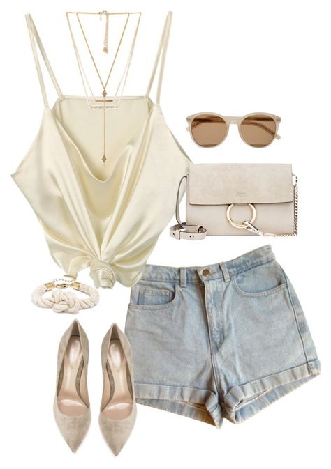 "Sin título #1081" by vivig5 on Polyvore featuring moda, American Apparel, Gianvito Rossi, ChloÃ©, Yves Saint Laurent, Forever 21 y Ettika Chic Forever 21 Shorts, Rise In Love, Forever 21 High-waist Summer Shorts, Chic Forever 21 Camisole, Forever 21 Denim Shorts, Forever 21 V-neck Mini Dress For Evening, Teenage Fashion Outfits, American Apparel, Gianvito Rossi