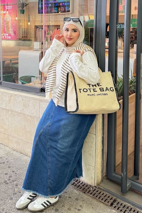 denim skirt , the tote bag , samba shoes , fall Coffee cozy style , hijabi outfit Outfit With Tote Bag, Skirt For Fall, Hijabi Outfit, Hijabi Style, Mode Fashion, Modest Outfits, Hijab Fashion, Denim Skirt, Marc Jacobs