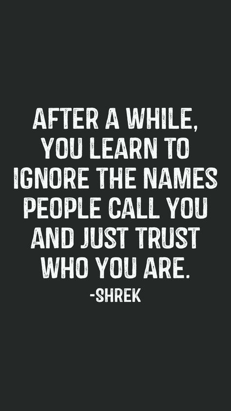 After a while, you learn to ignore the names people call you and just trust who you are. -Shrek   From the Motivation app: http://itunes.apple.com/app/id876080126?at=11lv8V&ct=shmotivation When People Call You Names, Name Calling Quotes, Personal Affirmations, Motivation App, People Names, Name Calling, People Quotes, New Quotes, Shrek