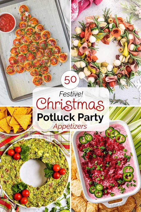 These easy Christmas appetizers are perfect for Christmas potlucks and holiday parties! They showcase lots of fun holiday shapes, festive colors, and all your favorite seasonal flavors. Many can be made ahead, so there’s no last-minute stress this Christmas season! And there's a wide range of Christmas potluck recipes to choose from, to perfectly fit your Christmas party vibe: from fancy finger foods to casual dips ... and from classic favorites to unique new twists! | ... Christmas Inspired Appetizers, Christmas Themed Side Dishes, Christmas Holiday Party Food, Christmas Party Dishes Potlucks, Holiday Pot Luck Dishes, Best Christmas Potluck Dishes, Christmas Get Together Ideas Food, Holiday Themed Food, Xmas Potluck Ideas