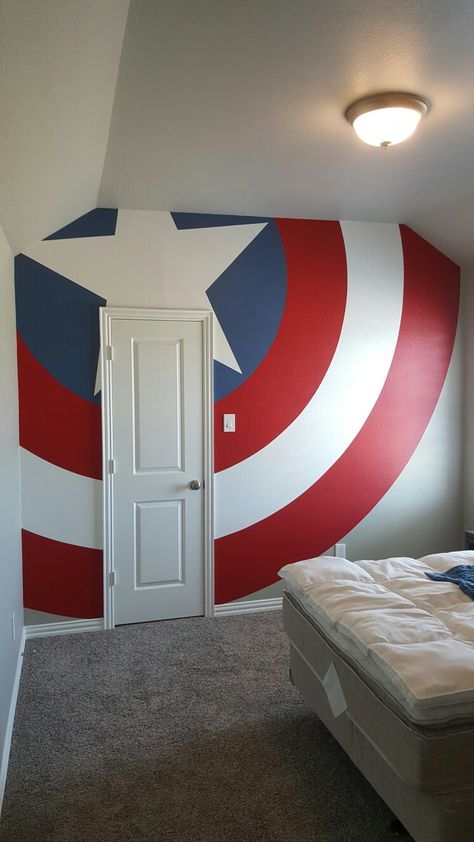 Marvel Adult Bedroom, Avenger Room For Boys, Superhero Accent Wall, Marvel Accent Wall, Marvel Wall Painting, Marvel Theme Bedroom, Marvel House Decor, Marvel Playroom, Marvel Game Room