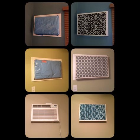 I hate having in wall air conditioners. This year I finally made frames and fabric covers for them! Here are the before and afters. Air Conditioner Hide, Wall Ac Unit, Wall Air Conditioner, Ac Cover, Window Ac, Rental Home Decor, Room Organization Bedroom, Swamp Cooler, Air Conditioner Cover