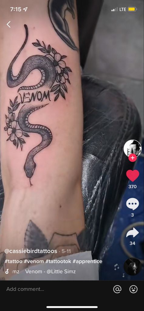 Simple Venom Tattoo, Women Venom Tattoo Design, Woman Venom Tattoo, Women Venom Tattoo, Venom Word Tattoo, Venom Sleeve Tattoo, Venom Inspired Tattoo, Venom Chest Tattoo, Venom Tattoo