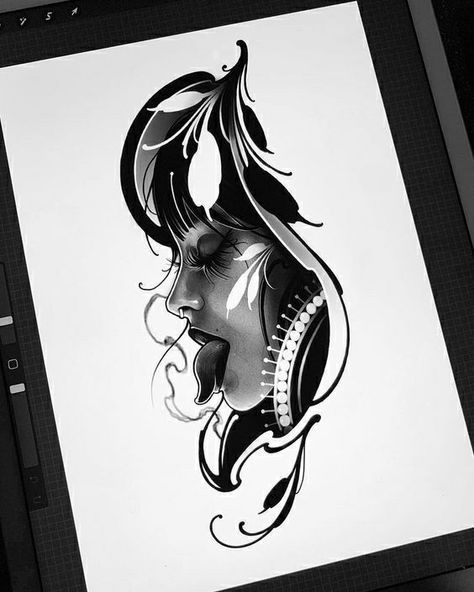 Traditional Tattoo Black And Grey, Negative Tattoo, Neo Traditional Art, Art Nouveau Tattoo, Neo Tattoo, Nouveau Tattoo, Procreate Illustration, Ipad Procreate, Traditional Tattoo Design