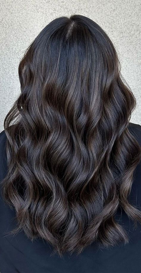 Balayage Dark Ash Brown, Balayage Hair On Black Hair Short, Balayage, Black Hair Dark Brown Balayage, Brown Hair With Black Shadow Root, Dark Dark Hair With Highlights, Soft Black Balayage, Cool Tone Brown Highlights On Black Hair, Coffee Brown Hair Balayage