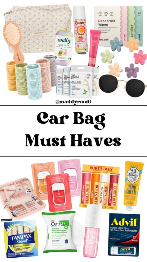 car bag, car, car essentials, women’s car, car accessories, hair ties, sunglasses, quilt bag, chapstick, flower claw clips, hand sanitizer, Car Boot Essentials, Living Out Of Your Car Organization, Boyfriend Car Accessories, Off Roading Essentials, Car Checklist For Women, Sports Mom Car Essentials, Must Have In Car, Summer Mom Car Essentials, Stuff To Have In Your Car