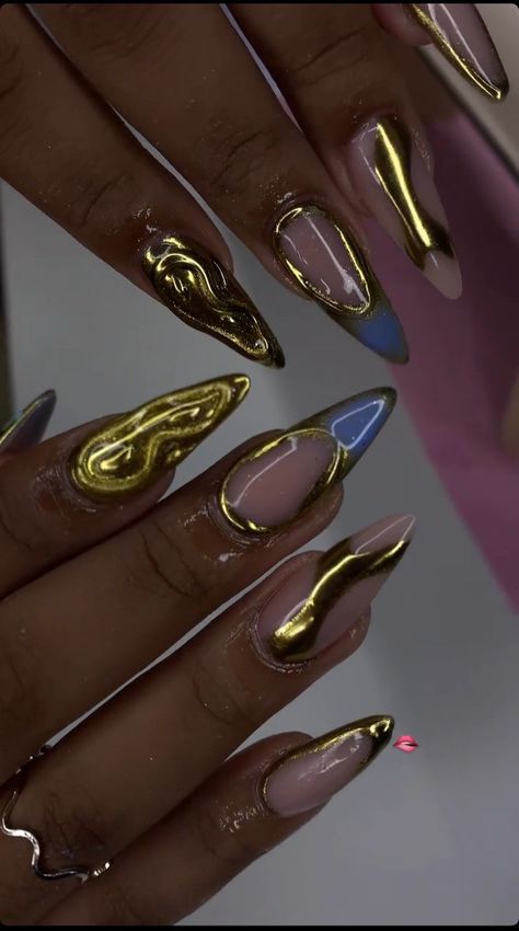 Gold acrylic nails with a hit of blue Baby Blue And Gold Nails, Blue Nail Designs 2024, Gold Blue Nails, Navy Gold Nails, Fall Nails Navy, Light Blue And Gold Nails, Dark Blue And Gold Nails, Gold And Blue Nails, Blue And Gold Nail Designs