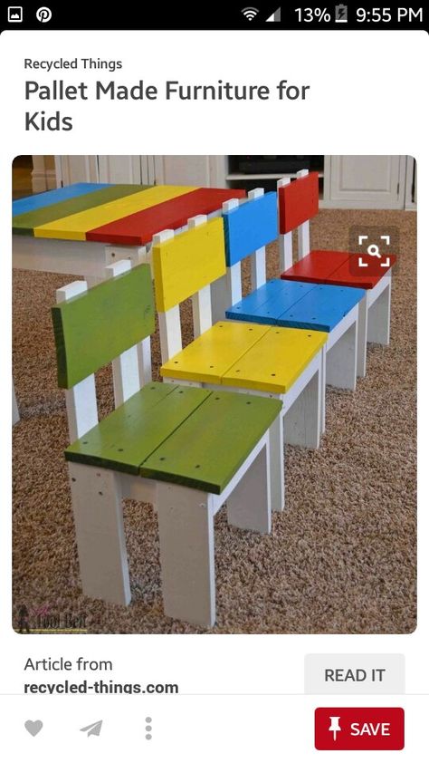 Wooden Pallet Projects, Recycled Pallets, Projek Kayu, Pallet Kids, Pallet Projects Furniture, Wooden Pallet Furniture, Wooden Chairs, Woodworking For Kids, Kids Table And Chairs