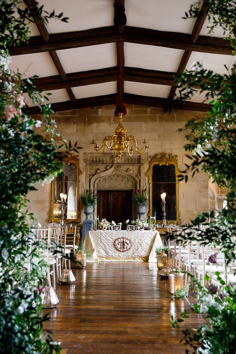 Gorgeous greens & golds in the Long Drawing Room at Berkeley Castle - Exclusive, luxury weekend wedding venue in Gloucestershire.  Beautiful florals created by Sorori Design and styling by Lauren Grey have included stone urns & gold lanterns to enhance this decedent winter wedding ceremony. Luxury Winter Wedding, Long Drawing, Winter Wedding Ceremony, Green Gold Weddings, Castle Wedding Venue, Storybook Wedding, Gold Wedding Inspiration, Weekend Wedding, Gold Lanterns