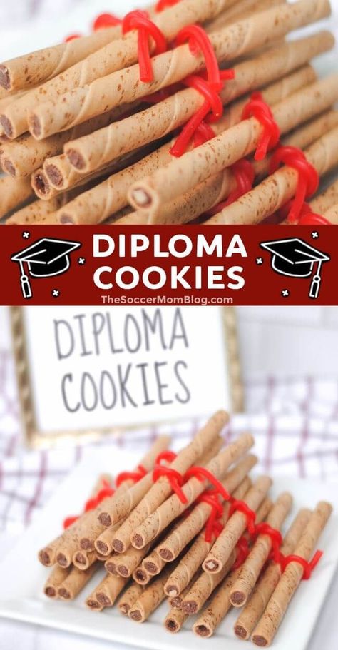 Celebrate your grad with these adorable diploma cookies! They’re easy to make with just two ingredients! This is the perfcet decoration for your party's dessert table! Save this recipe for your party! Diploma Cookies, Graduation Party Snacks, Graduation Desserts, Graduation Party Foods, Decadent Food, Fitness Healthy Lifestyle, Party Dessert Table, Graduation Parties, No Cooking