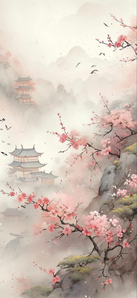 Phone Backgrounds Japanese, Japanese Cherry Blossom Tree Wallpaper, Japanese Cherry Blossom Wallpaper Iphone, Japanese Background Art, Chinese Phone Wallpaper, Japanese Art Minimalist, Aesthetic Wallpaper Chinese, Japanese Flower Aesthetic, Watercolor Laptop Wallpaper