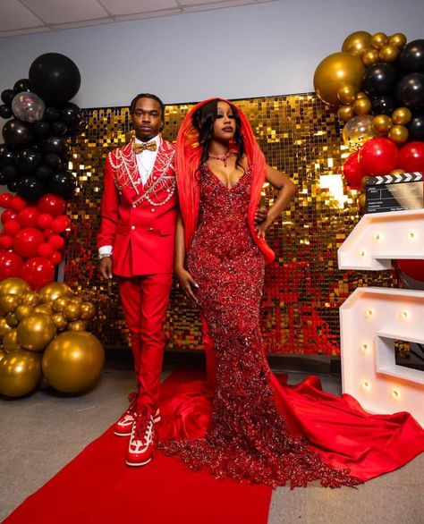 Silver And Red Prom, Red Prom Ideas, Red Prom Couple, Red And Gold Prom, Red And Gold Prom Dress, Prom Pants, Prom Send Off, Prom Styles, Baddie Dresses