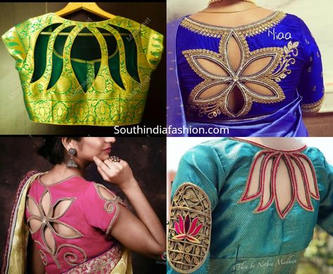 Floral cut out back neck designs for silk sarees Back Neck Designs For Pattu Blouses, Blouse Back Neck Designs Pattern Silk, Cut Work Blouse Designs, Cut Work Blouse, Silk Saree Blouse Designs Patterns, Cotton Blouse Design, Saree Blouse Neck Designs, Cutwork Blouse Designs, Sari Blouse Designs