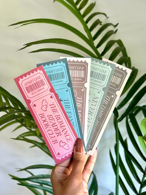 Ticket Bookmarks| Romamce, Fantasy, Mystery And Never Judge A Book By Its Movie Ticket Bookmark For Bookish Gifts ⭐️Bookmark size is 2x6 inches. Made with card stock paper and laminated! ⭐️PLEASE NOTE! Bookmarks are shipped in an envelope using a partial letter mail tracking system. Tracking updates may take time to update and may even say "delivered" but the item may not be delivered until the next day or two. Follow me for more! Instagram- simplyrdesigns  *Please contact me with further questi Paint Swatch Bookmark, Bookmark Graphic Design, Book Themed Bookmarks, Bookmark Shapes, Cricut Bookmark Ideas, Bookmarks Aesthetic, Craft Night Party, Bookish Bookmarks, Ticket Bookmark