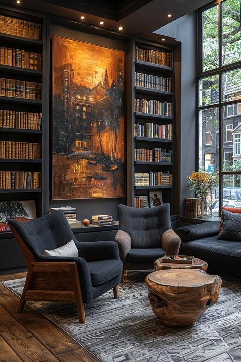 Moody House Design, Mid Century Modern Library Room, Mid Century Modern Study, Mid Century Modern Library, Moody Library Room, Dark Mid Century Modern, Moody Mid Century Modern, Mid Century Modern Living Room Ideas, Moody Library