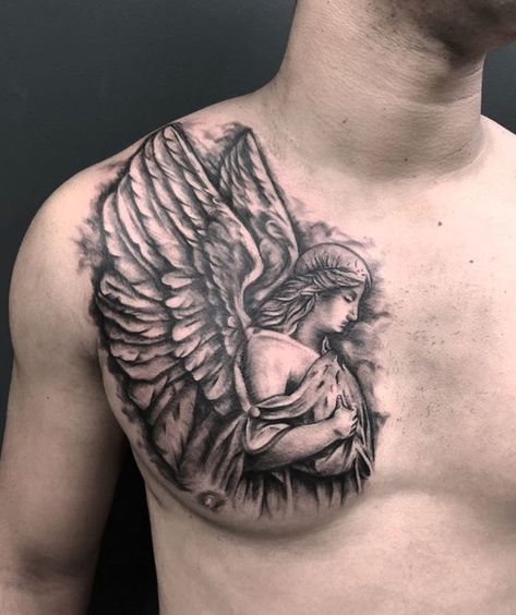 Angel Chest Tattoo Men, Angel Chest Tattoo, Chest Tattoo Angel, Half Chest Tattoo Men Ideas, Guardian Angel Tattoo, Only Angel, Mary Tattoo, Cool Chest Tattoos, Pieces Tattoo