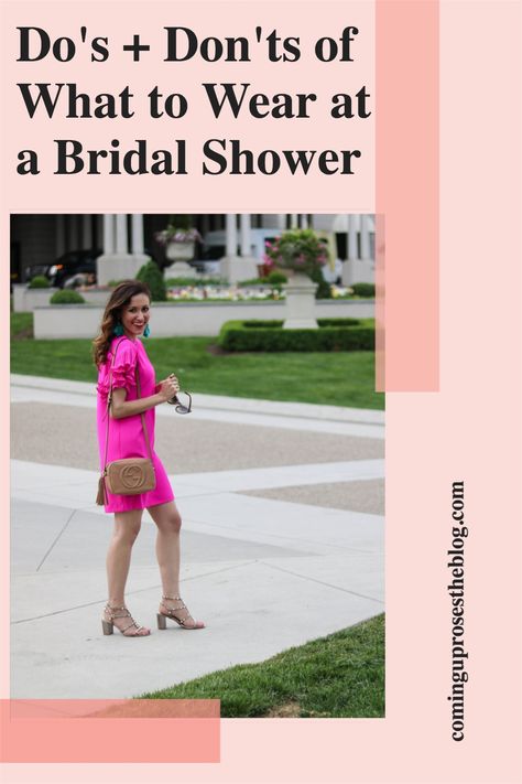 How to pick the perfect outfit for the next bridal shower you're invited to! Take all the things into consideration (venue, season, activites, etc.) and don't wear white ;) Wear To A Bridal Shower Guest, Brunch Bridal Shower Outfit Guest, Pink Bridal Shower Outfit For Guest, Bridal Shower Dress Code Ideas, Bridal Shower Host Outfit, Spring Bridal Shower Outfit Guest, Bridal Shower Guest Outfit Fall, Pink Bridal Shower Outfit, Bridal Shower Outfit Ideas Guest