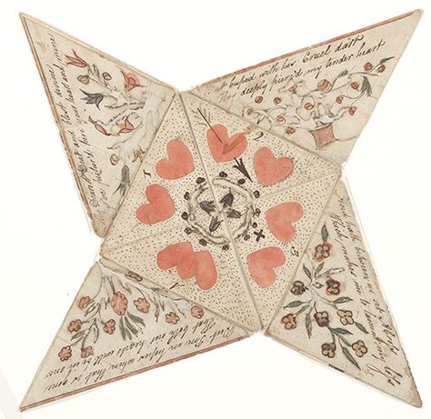 Hand-drawn; hand-colored; hand-lettered. This document is a square sheet of paper that is folded into a star. The text and drawings are on both sides of the sheet. The areas that are visible on the folded paper are decorated with text, hearts, flowers and a small cross. One of the hearts is pierced by an arrow. circa 1800 Alphonse Mucha, Valentines Puzzles, 1000 Lifehacks, Hearts And Flowers, Pennsylvania Dutch, My Funny Valentine, Love Token, Saint Valentine, Vintage Valentines