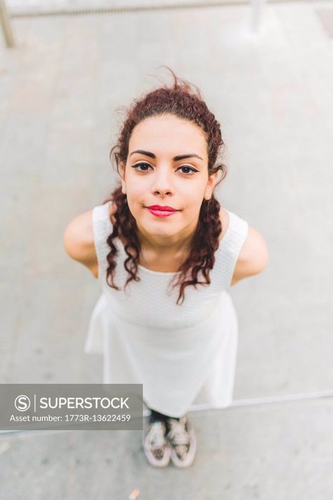 High Angle Portrait Of Woman, Hands Behind Back Looking At Camera Looking Up At Camera Reference Drawing, High Angle Pose Reference Drawing, Person Looking Up At Camera, Girl Looking Back Over Shoulder, High Angle Shot Photography, Looking Up At Camera Reference, High Angle Pose, High Angle Pose Reference, Hands Behind Back Pose