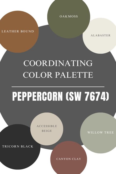 Sherwin Williams Peppercorn (SW 7674) | Paint Color Review - Building Bluebird Peppercorn Colored Cabinets, Peppercorn Paint Color Pallet, Peppercorn Black Sherwin Williams, Coordinating Colors With Peppercorn, Kingston Sherwin Williams, Sw Peppercorn Kitchen Island, Peppercorn Shiplap Wall, Cozy Sherwin Williams Paint Colors, Sherwin Williams Dark Gray Exterior