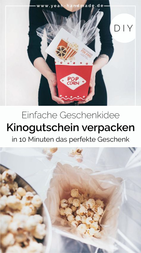 DIY | Kinogutschein basteln als einfache, schnelle Geschenkidee. Einen Kinogutschein kreativ verpacken für jeden Anlass, sei es als Geschenk zum Geburtstag, zur Hochzeit, zu Weihnachten oder zum Valentinstag. Mit meiner Anleitung erstellst du in weniger als 10 Minuten das perfekte Geschenk für Mann und Frau. Die Idee kann auch mit Kindern umgesetzt werden. Die Anleitung findest du auf Yeah Handmade. Fimo Diy, Photo Gifts Diy, Diy Food Gifts, American Girl Doll Diy, Diy Pop, Diy Presents, Easy Diy Gifts, Quick Gifts, Money Gift