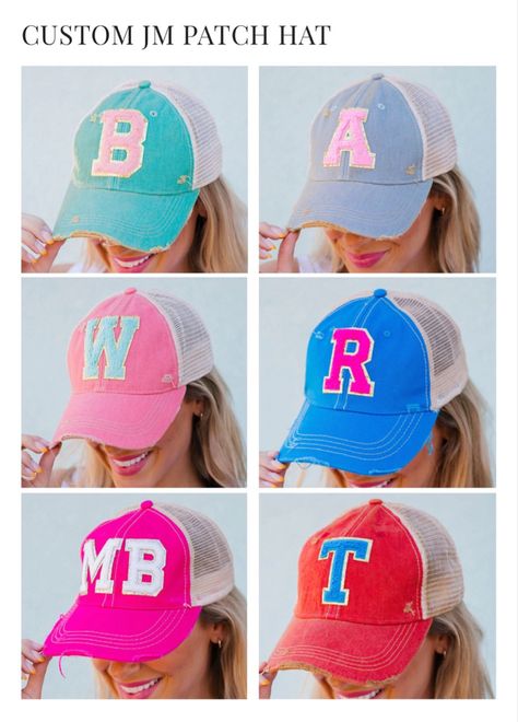 Hats With Patches, Gabby Birthday, Patches Ideas, Custom Baseball Hats, State Abbreviations, Spring Sweatshirt, Patch Ideas, Monogram Hats, Letter Patches