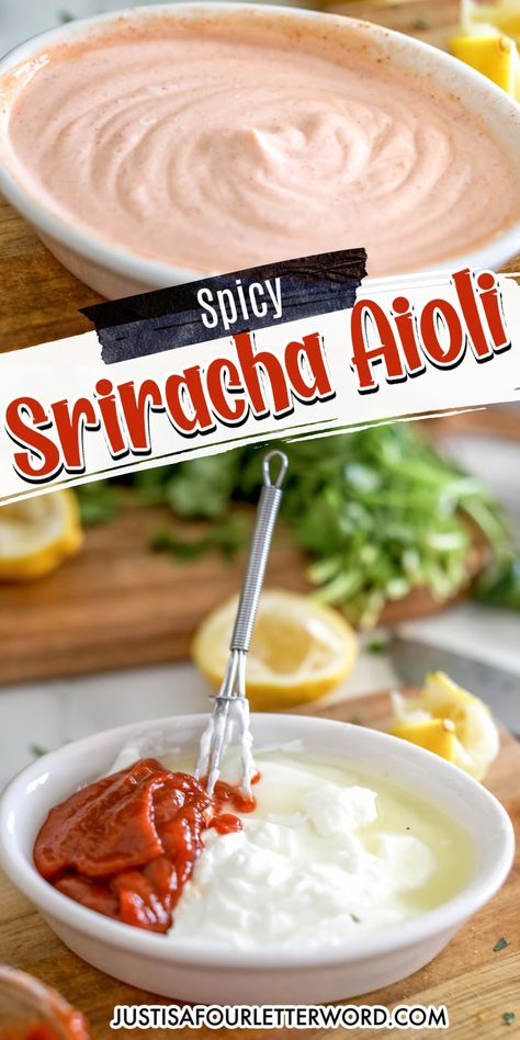 This is a creamy and tangy sauce with a spicy kick! Greek yogurt and sriracha are a match made in heaven. A touch of lemon juice really takes this recipe to the next level. Spicy Aioli Sauce, Aioli Sauce Recipe, Siracha Sauce, Homemade Aioli, Greek Yogurt Sauce, Greek Yogurt Dips, Spicy Aioli, Aioli Sauce, Mexican Sauce