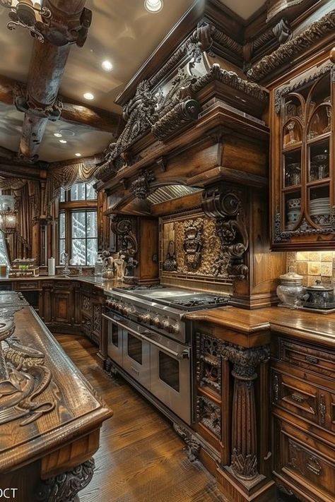 Log Houses Tudor Castle, Castle Kitchen, Baroque Interior Design, Log Home Kitchen, Castle Kitchens, Beautiful Room Designs, Concept Furniture, Old World Kitchens, Log Houses