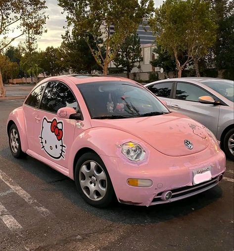 Hello Kitty Pink Volkswagen Beetle 💖 #hellokitty #hellokittycore #hellokittylovers #kawaiicar Aesthetic Volkswagen Beetle, Pink Volkswagen, Pink Volkswagen Beetle, Sanrio Car, Pink Beetle, Car Pink, Hello Kitty Car, Pink Convertible, Bug Car