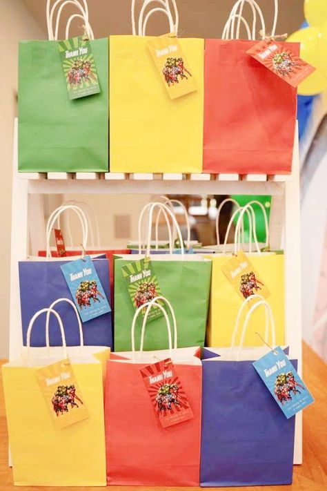 Don't miss this amazing Avengers-themed superhero birthday party! The colorful party favor bags with awesome labels are great! See more party ideas and share yours at CatchMyPary.com Avengers Party Bag Ideas, Avengers Goodie Bags Ideas, Marvel Avengers Birthday Party, Avengers Party Favors, Marvel Avengers Party, Avengers Birthday Party Ideas, Superhero Birthday Party Food, Superhero Theme Birthday Party, Birthday Marvel