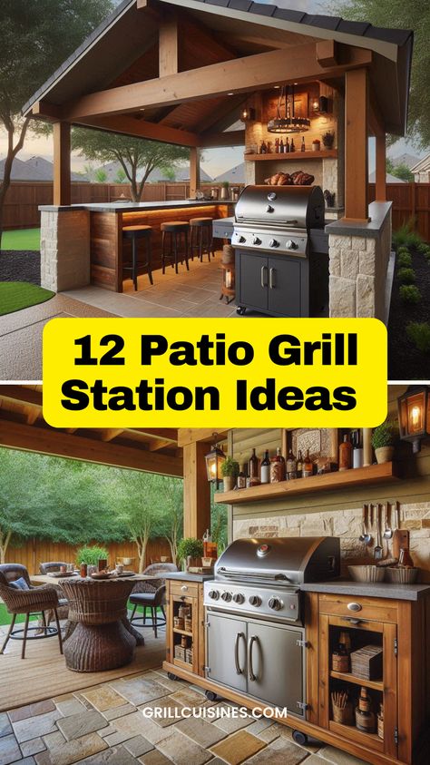 Explore our collection of 13 stunning outdoor grill stations that will transform your patio into a culinary paradise! Whether you prefer a covered setup for all-weather grilling or love the openness of an uncovered area, backyard, deck we've got inspiration to suit every style. Dive into designs that make every cookout unforgettable. Perfect for BBQ enthusiasts looking to enhance their outdoor spaces!#grillstation#outdoorgrillarea#patiogrill Patio Bbq Ideas Built Ins, Grill Stations On Deck, Patio With Cooking Area, Patio Barbecue Area Grill Station, Bbq Areas Outdoor Patio, Outdoor Kitchen And Patio Ideas, Bbq Kitchen Outdoor Grill Station, Outdoor Grill Station Ideas, Bbq Area Ideas Outdoor Diy