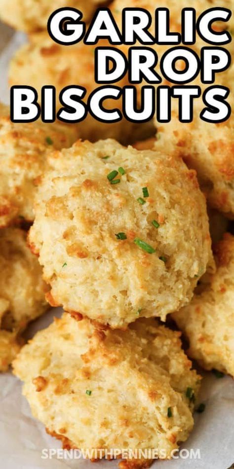 Ready in just 20 minutes, these creamy and tender drop biscuits have simple ingredients and a short baking time. For an easy no milk version, just substitute water or non-dairy milk! #spendwithpennies #dropbiscuits #sidedish #recipe #easy #homemade #garlic #fluffy #parmesan #bisquick #best Garlic Drop Biscuits, Cheddar Drop Biscuits, Serve With Soup, Easy Drop Biscuits, Drop Biscuits Recipe, Baking Powder Biscuits, Chicken Dumplings Recipe, Easy Biscuit Recipe, Garlic Chives