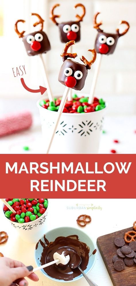 These are the cutest Christmas Treats!  Marshmallow Reindeer are so easy to make!  It's dessert on a stick! Kids love these and they're great for class parties. #suburbansimplicity #christmas #holiday #reindeer #treats #nobake #kids Christmas Baking For Kids, Marshmallow Reindeer, Marshmallow Pops Recipe, Holiday Desserts Christmas, Desserts Christmas, Xmas Treats, Easy Christmas Treats, Chocolate Covered Marshmallows, Baking Chocolate