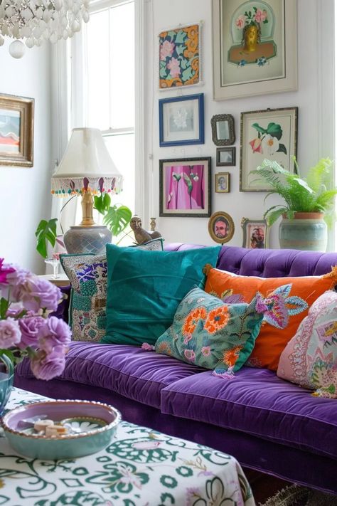 40 Velvet Couch Living Room Ideas Purple Velvet Furniture, Velvet Couch Living Room Ideas, Brown Couches, Velvet Couch Living Room, Funky Eclectic Decor, Eclectic Decor Inspiration, Colorful Couch, Couch Living Room Ideas, Purple Couch