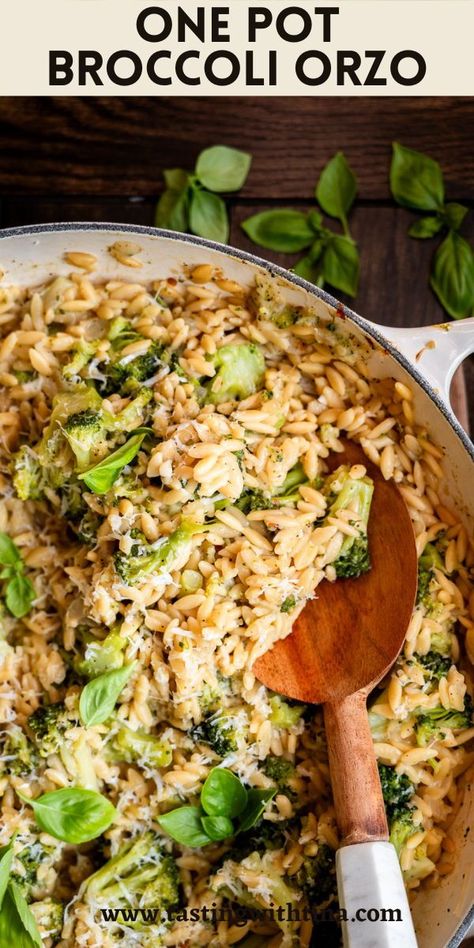 This One Pot Broccoli Orzo recipe is both convenient and easy to make. You will love it! It is full of flavor, comforting and sure to satisfy everyone at your dinner table! Orzo Broccoli Cheese, Orzo Vegetarian Recipes, Broccoli Orzo Recipes, Orzo And Broccoli Recipe, Chicken Broccoli Fettuccine Alfredo, Broccoli Chicken Recipes, Broccoli Orzo, One Pot Orzo, Steak And Broccoli