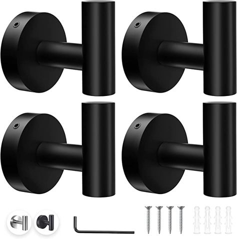 Amazon.com: Towel Hooks Bathroom Wall Mounted, 4 Pack Coat Hook Robe Hook Heavy Duty SUS304 Stainless Steel Towel Hanger Clothes Closet Door Wall Hook for Bathroom Bedroom Kitchen Garage Hotel Matte Black : Tools & Home Improvement Modern Towel Hooks, Black Towel Hooks, Black Wall Hooks, Hooks For Towels, Towel Hangers For Bathroom, Bathroom Towel Hooks, Modern Towels, Matte Black Bathroom, Wall Mounted Hooks