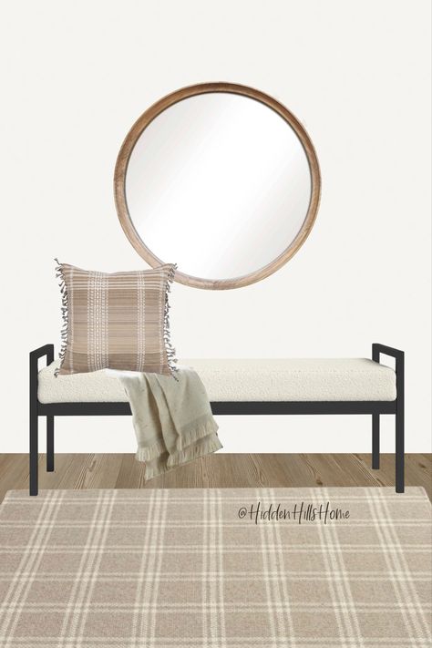 Entryway decor idea with a black and cream upholstered bench and a mirror above! Entryway Bench Decor Ideas, Bench Entryway Decor, Entryway Bench Decor, Upholstered Entryway Bench, Ideas Entryway, House Entry, Entryway Decor Ideas, Bench Entryway, Entryway Design