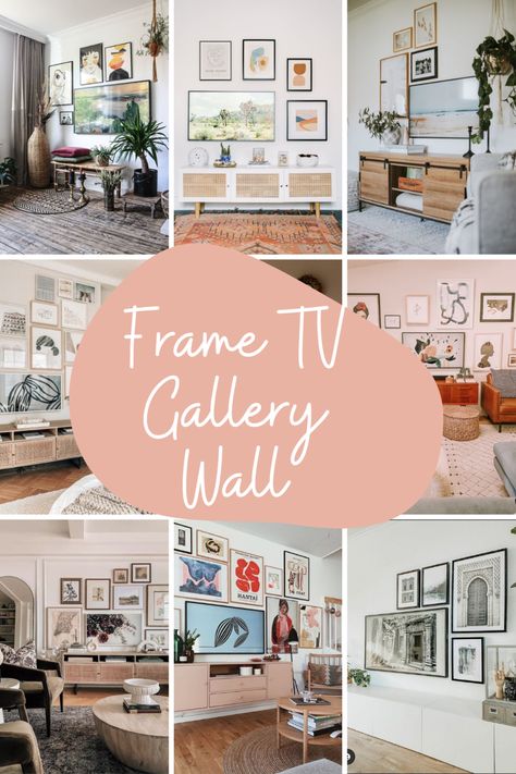 Living Room Gallery Wall Around Tv Mounted Tv, Picture Wall With Tv Living Room, Gallery Wall Around 65 Inch Tv, Art Next To Tv Living Rooms, Tv And Frames Wall, Gallery Wall Ideas Frame Tv, Frame Tv Bedroom Wall, Tv Wall Small Space, Photo Frames Around Tv