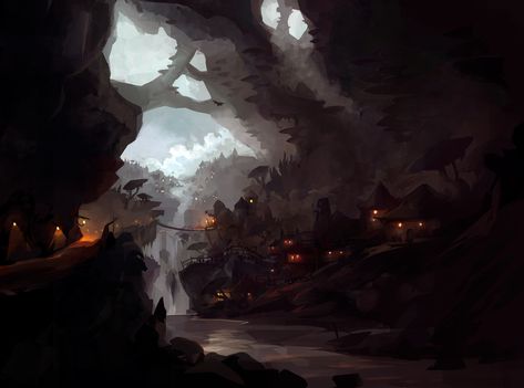 Goblin Town, Yaroslav Golubev on ArtStation at https://www.artstation.com/artwork/9eDEAq Nature, Ruins, Cave City Concept Art, Goblin Town, Village Concept Art, Goblin Village, Goblin Aesthetic, Fantasy Cities, Egypt Concept Art