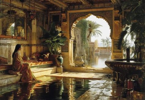 Arabic Room Aesthetic, Arab Bedroom Aesthetic, Arabian Mansion, Indian Architecture Painting, Dorne Aesthetic, Harem Aesthetic, Spanish Palace, Rustic Bathroom Designs, Al Andalus