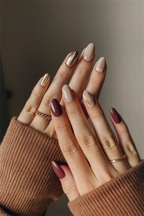 Embrace the essence of fall with these cozy, simple nail ideas that encapsulate the beauty of autumn. Picture deep burgundy nails adorned with delicate gold accents, reflecting the changing leaves and warm evenings. This style is not only chic but also effortless, perfect for any fall gathering. Discover how such simple nail ideas can elevate your seasonal look while keeping things classy and understated! Simple Acrylic Nails Autumn, Monochromatic Fall Nails, Almond Short Nails Fall, Pretty Almond Nails Fall, Natural Nails Fall Design, Engagement Picture Nails Fall, Autumn Nail Designs Simple, Transition Into Fall Nails, Almost Fall Nails