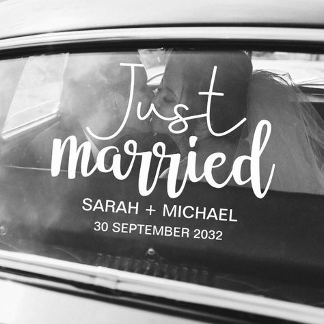 Just married elegant white script wedding car window cling - tap to personalize and get yours #windowcling #just #married, #modern #white #script, Car Window Paint, Window Markers, Just Married Car, Window Cling, Cadeau Photo, Beautiful Wedding Invitations, Business Stationery, Window Clings, Window Painting