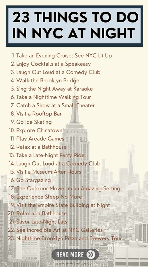 23 amazing things to do in New York City at night! Don't miss these tips from our NYC resident on your next trip! Must See In Nyc, New York To Do List, Traveling To Nyc, New York City Must Do, New York City To Do, New York City Places To Visit, New York Must Do, Moving To Nyc Aesthetic, Where To Stay In New York City