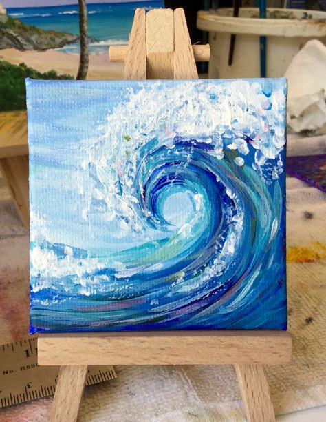 Blue Wave, 3x3", acrylic Tiny Canvas Beach Painting, Mini Canvas Art Ocean, Tiny Canvas Painting Ideas, Tiny Canvas Art, Tiny Acrylic Painting, Tiny Canvas Painting, Tiny Canvas, Fotografi Digital, Painting Canvases