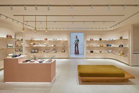 Chloé opens flagship store in Seoul - Retail in Asia Brass Light Fixture, Champagne Bar, Beige Marble, Store Opening, Flagship Store, Mua Sắm, Retail Design, Shoe Store, Clothing Rack