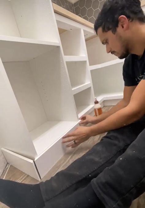 DIY Pantry Makeover With IKEA Shelves - Newbuild Newlyweds Ikea Pantry Shelves Hack, Ikea Pax Corner Pantry, Green Pantry Shelves, Pantry Ikea Shelves, Ikea Pantry Built In Hack, Diy Pantry Shelves With Counter, Pantry Using Ikea Cabinets, Ikea Kallax Pantry Hack, Walk In Pantry Ikea Hack