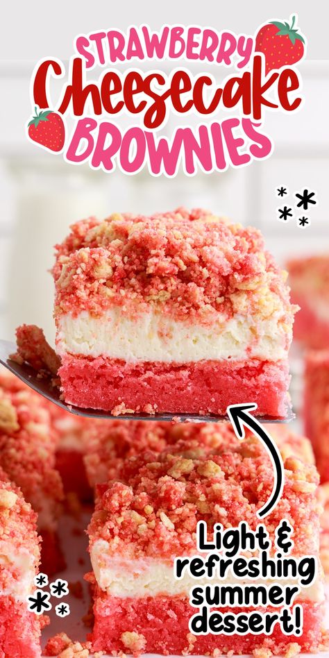 These three layer strawberry cheesecake brownies start with a box of strawberry cake mix, followed by a layer of cream cheese frosting, and are topped with a strawberry crunch that is sweet and delicious. Strawberry Crunch Blondies, Three Layer Brownies, Strawberry Cheesecake Bundt Cake, Strawberry Cream Cheese Brownies, Strawberry Crunch Brownies, Strawberry Cheesecake Brownies, Strawberry Crumble Cake, Strawberry Shortcake Cheesecake Bars, Strawberry Cake Mix Recipes