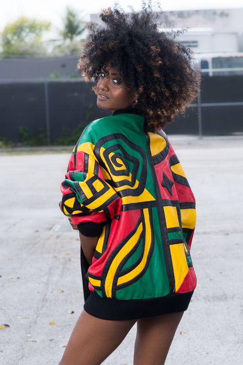 This is a one of a kind jacket that we designed in the 90’s. We are in the process of recreating it for our Fall collection. ❤️ •Model: Migdania Banhan •Photography: Roaming Photo Studio #COOYAH Rasta Party Outfit, Rastafarian Outfits, Jamaican Outfits, Dancehall Party, Jamaica Style, Black Festival Outfit, Jamaican Clothing, Aesthetic Vintage Outfits, Jamaican Colors