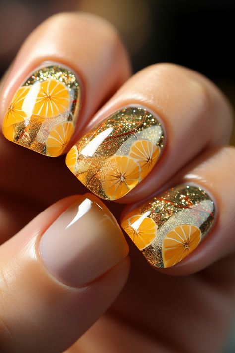 Orange Slice Nails, Nailart Elegant, Nails With Orange, Citrus Nails, Vibrant Summer Nails, Fruity Nails, Nails Vibrant, Citrus Theme, Fruit Nails