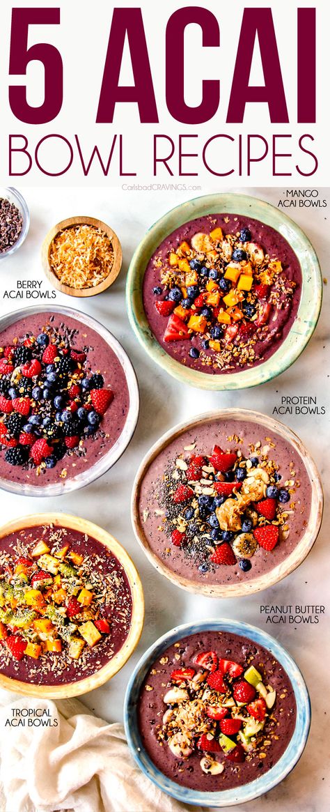 Acai Granola Bowl, Chia Acai Bowl, Frozen Fruit Bowl Recipe, Fruit Granola Bowl, How To Add Protein To Smoothies, Acai Bowl With Chia Seeds, Berry Acai Bowl Recipe, Chai Bowls Breakfast Recipes, Fruit Bowls Recipe